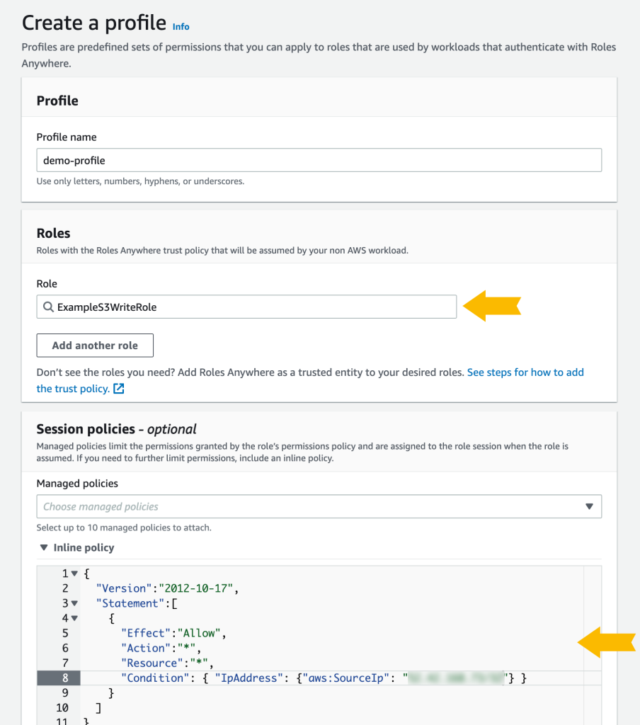 Figure 2: Create a profile in IAM Roles Anywhere