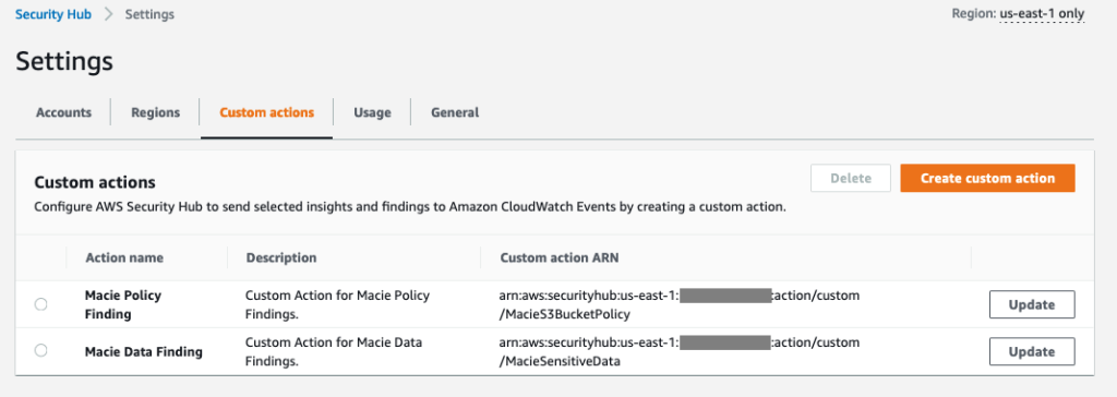 Figure 2: Custom actions in Security Hub