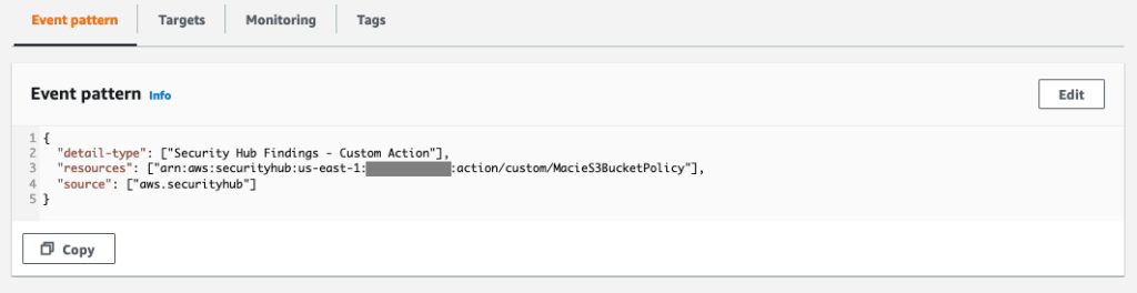 Figure 5: Enabled EventBridge rule event pattern for the Security Hub custom action