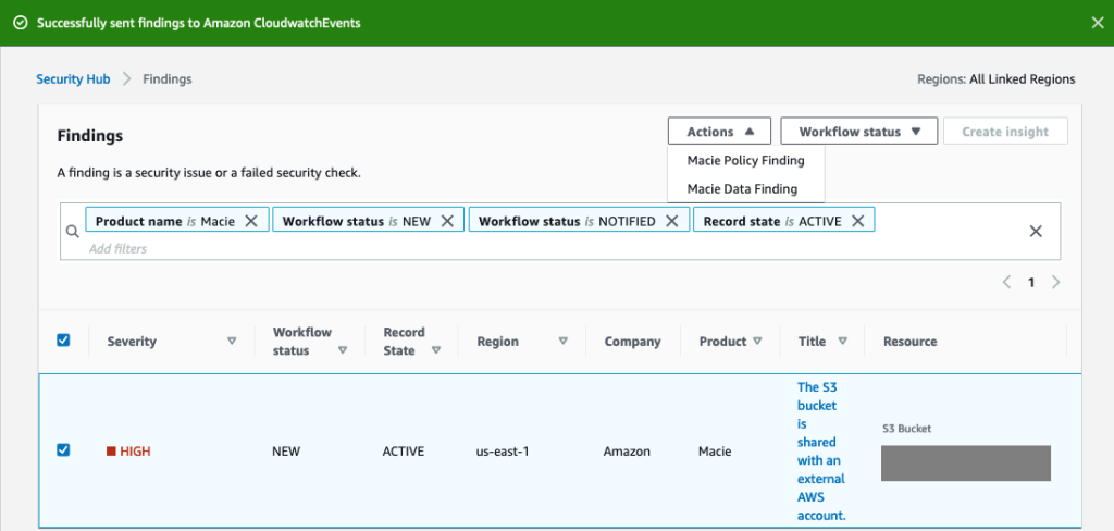 Figure 7: Validate Custom Action has sent the finding to Amazon CloudWatch Events (EventBridge rule)