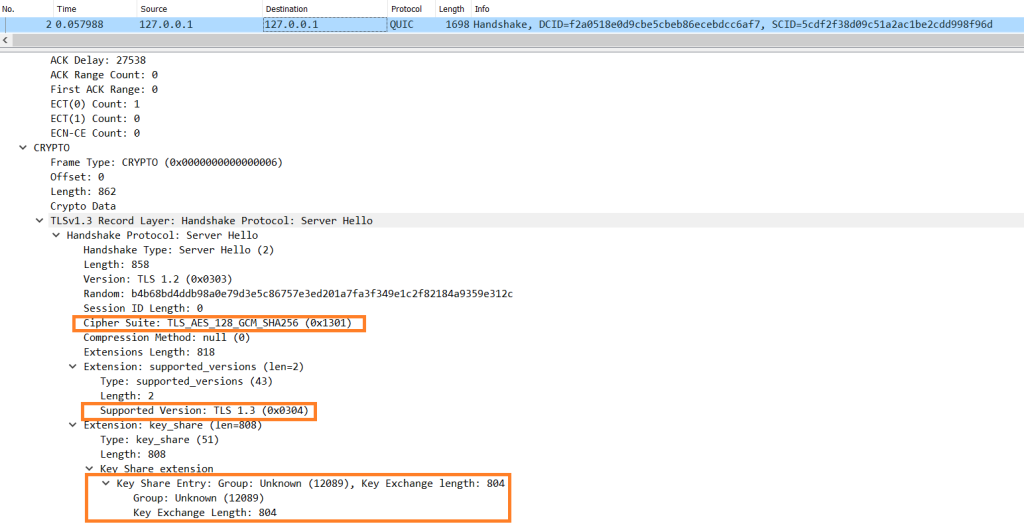 Figure 2: pq_server ServerHello in QUIC