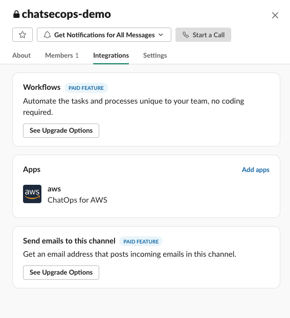 Figure 1: Integrate the ChatOps for AWS app with your Slack channel