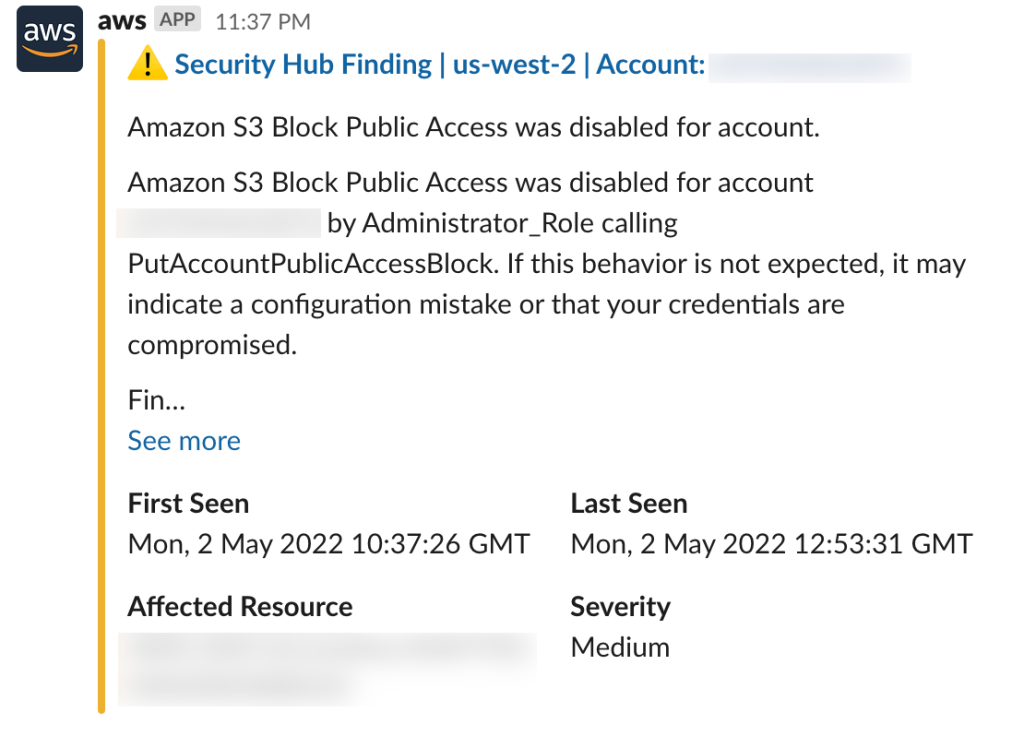 Figure 2: Notification received from Security Hub in Slack channel