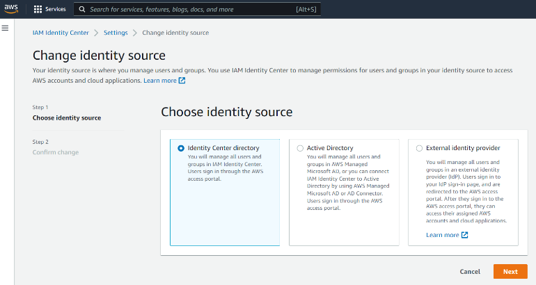 Figure 2 Choosing and connecting your identity source