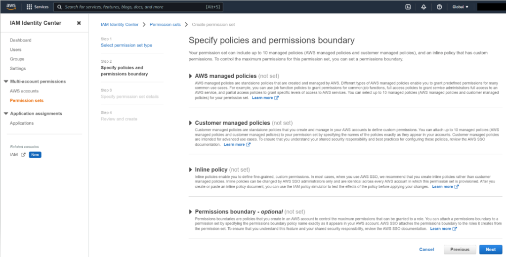 Figure 3: Specify permission sets in IAM Identity Center