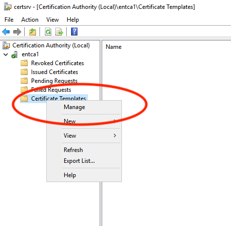 Figure 1: Navigating to the Manage option for the certificate templates