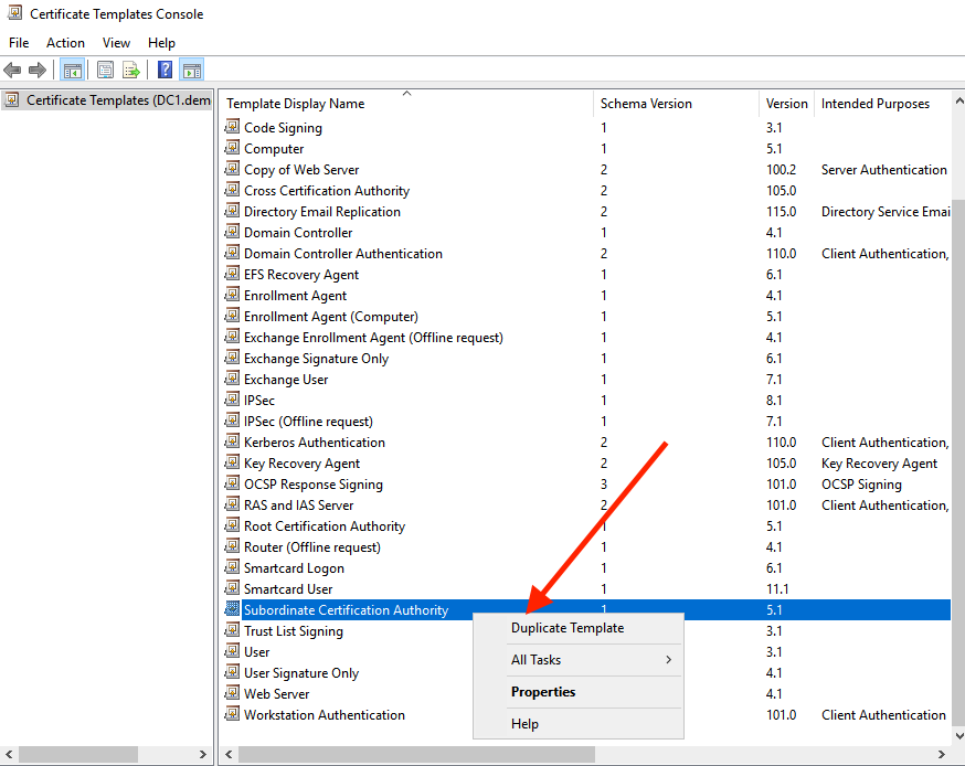 Figure 2: Select Duplicate Template to create a copy of the Subordinate Certification Authority template