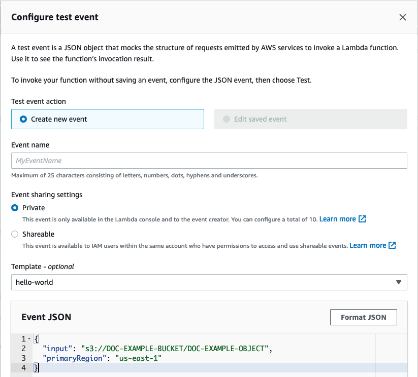 Figure 11: Create and save a test event for the CsvUpdater Lambda function