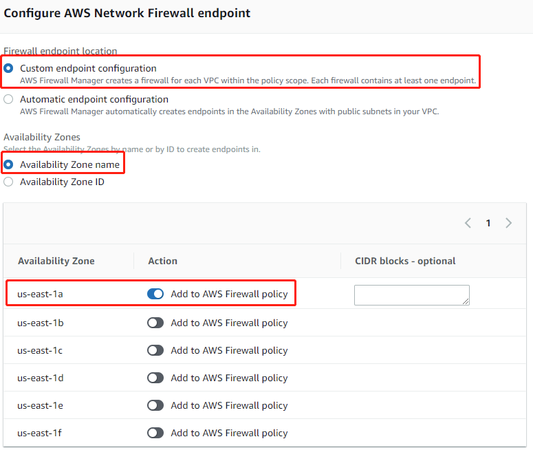 Figure 10: Network Firewall endpoint Availability Zones configuration