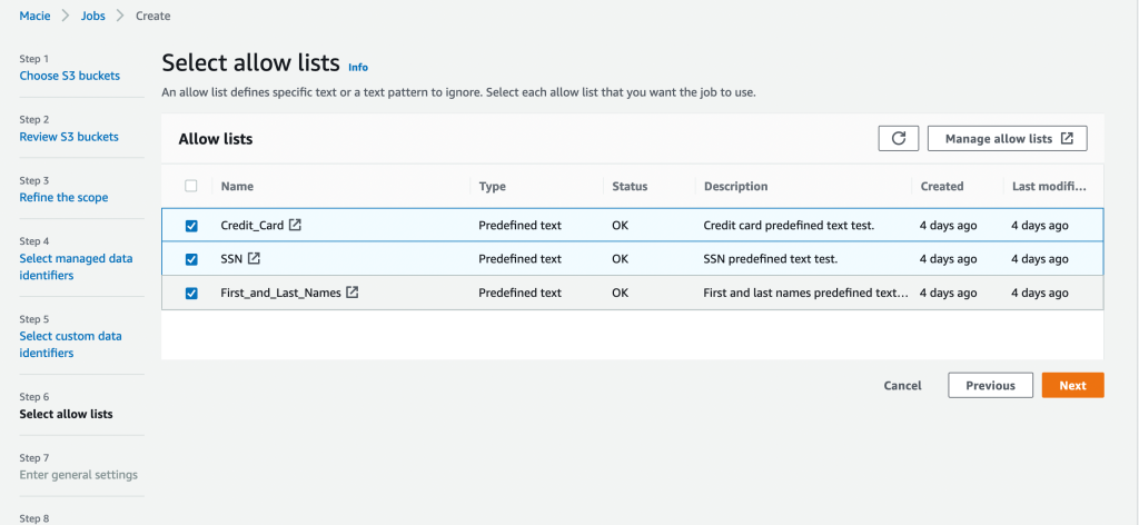 Figure 1: Selecting allow lists for a Macie job