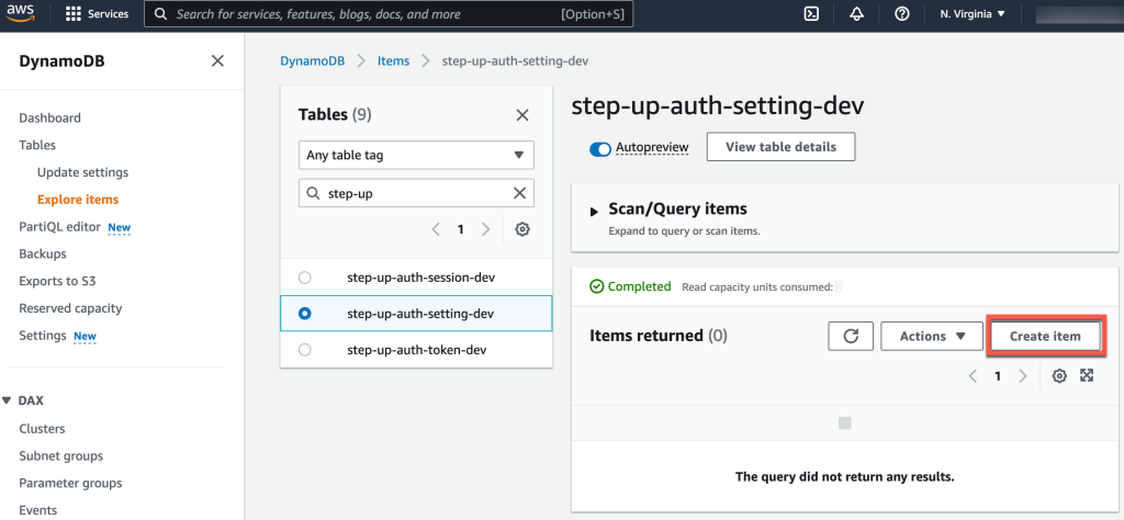 Figure 2: Choose the step-up-auth-setting* table and choose Create item button