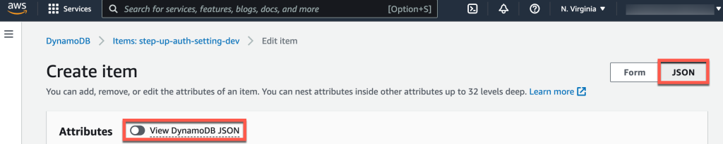 Figure 3: Edit an item in the table - select JSON and turn off View DynamoDB JSON button