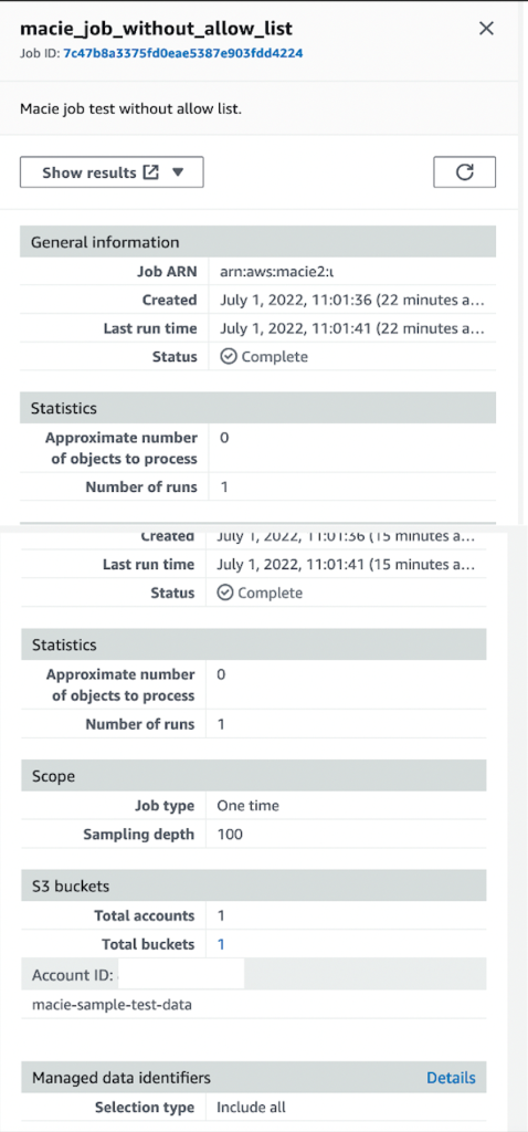 Figure 3: Macie job example without allow list configured