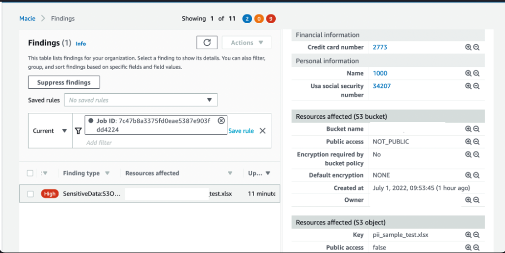 Figure 4: Macie job scan without allow list results