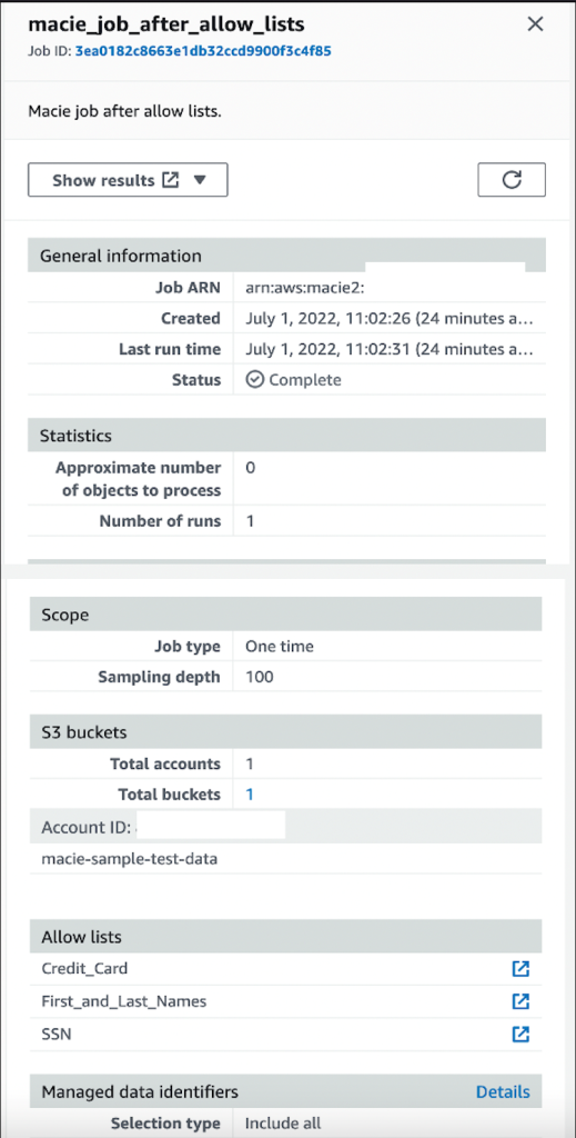 Figure 5: Macie job example with allow list configured