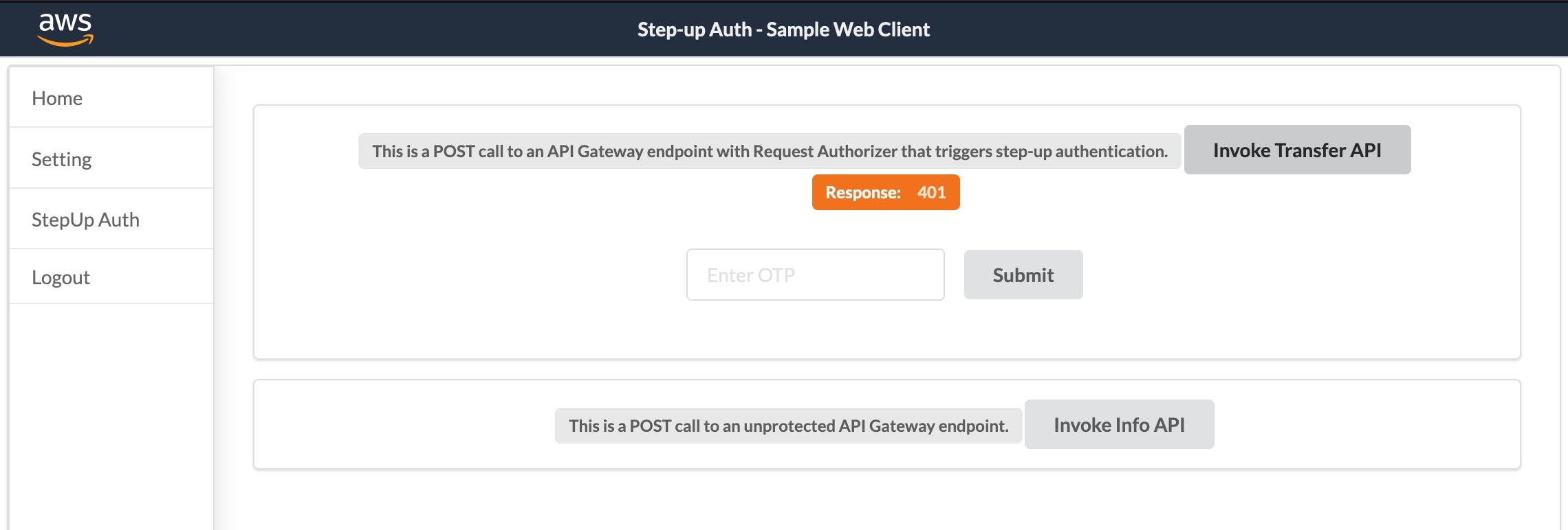 Figure 9: The step-up API invocation returns an authorization challenge