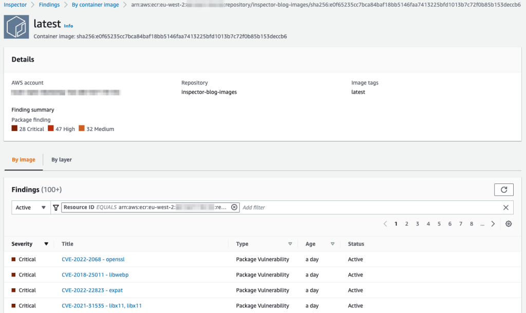 Figure 10: Container image findings in Amazon Inspector