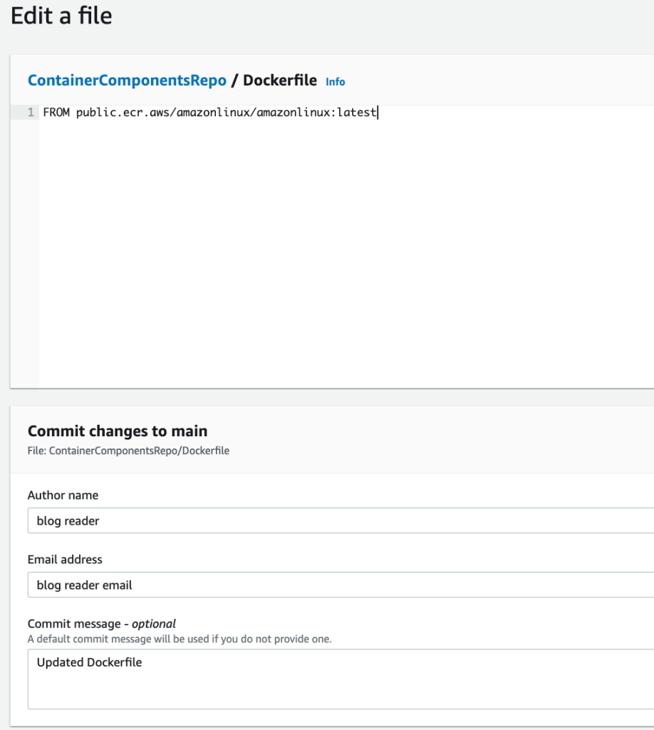 Figure 11: Complete CodeCommit entry for an updated Dockerfile