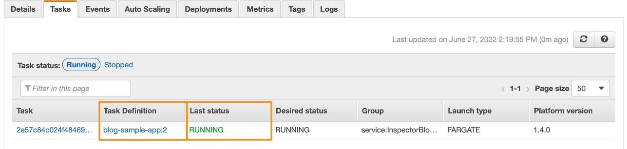 Figure 12: Task status after deploying the container image