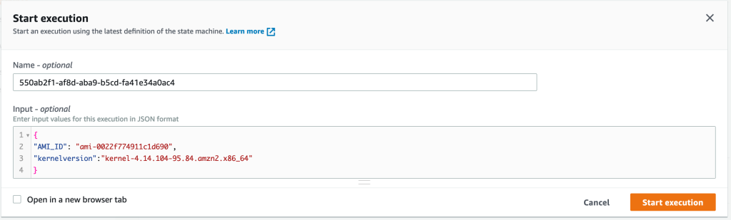 Figure 2: Step Functions step input example to build custom kernel version using Amazon Linux 2 AMI ID