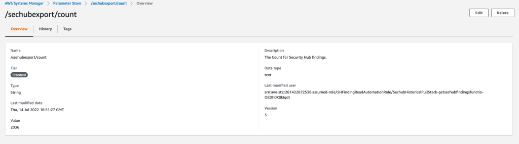 Figure 3: Systems Manager Parameter Store value for the number of Security Hub findings exported