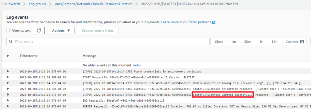 Figure 5: Examining the CloudWatch logs to verify that the Lambda function ran successfully