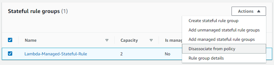 Figure 9: Disassociating the stateful rule from the existing policy