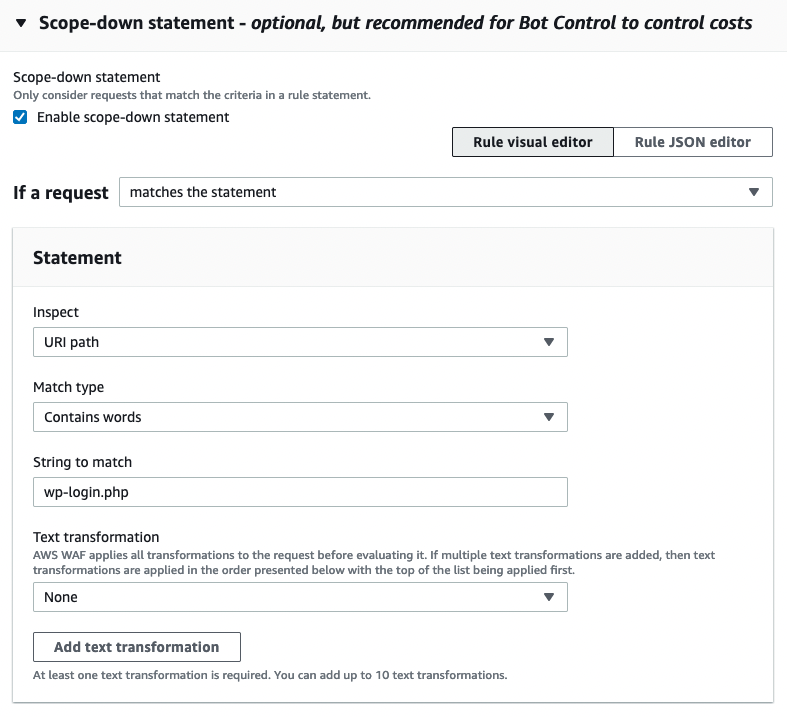 Figure 3: Bot Control – Add the scope-down statement