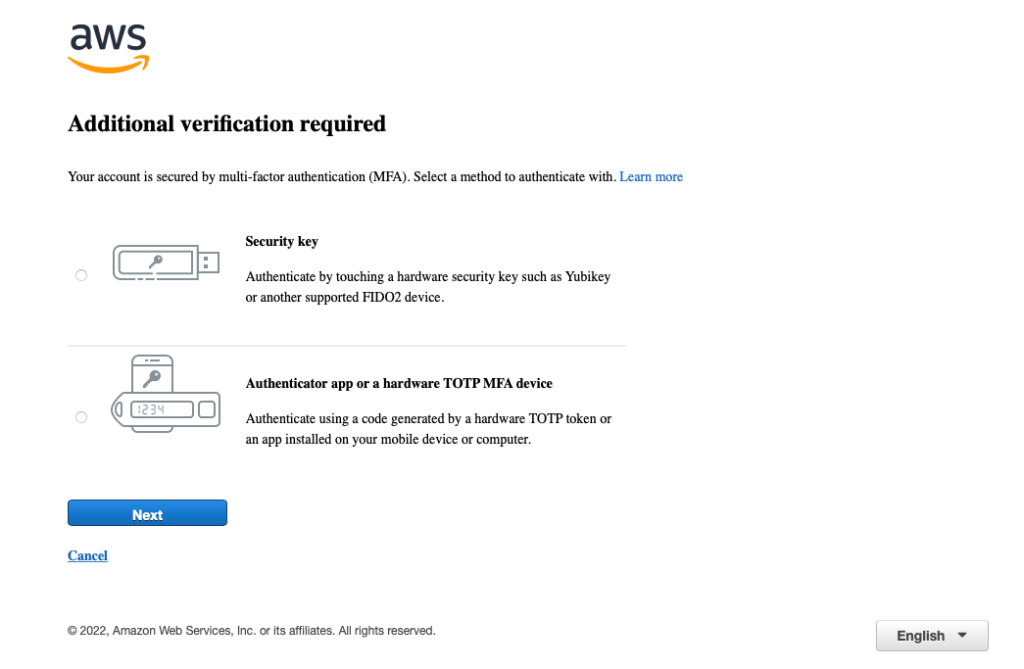 Figure 1: MFA device selection when authenticating to the console as an IAM user or root user with different types of MFA devices available