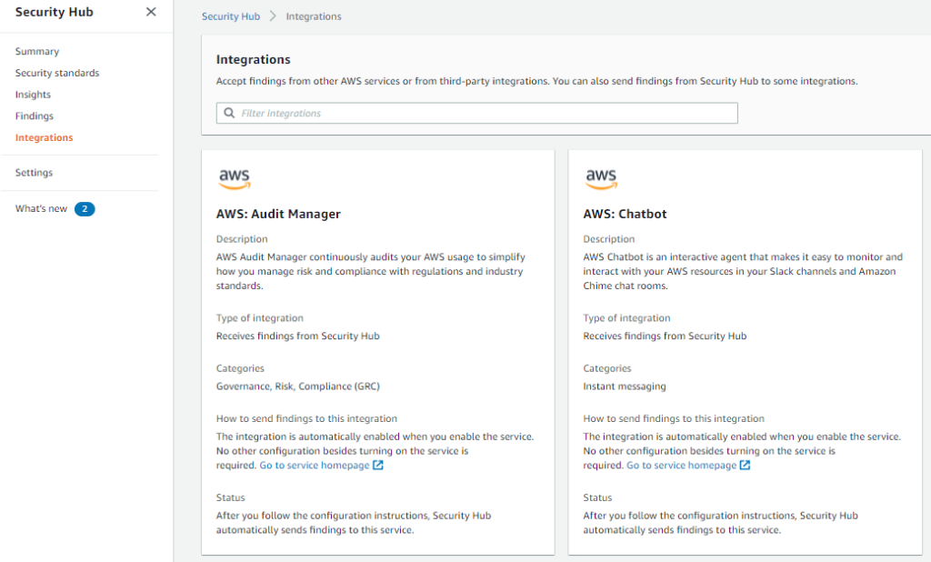 Figure 8: Security Hub integrations page