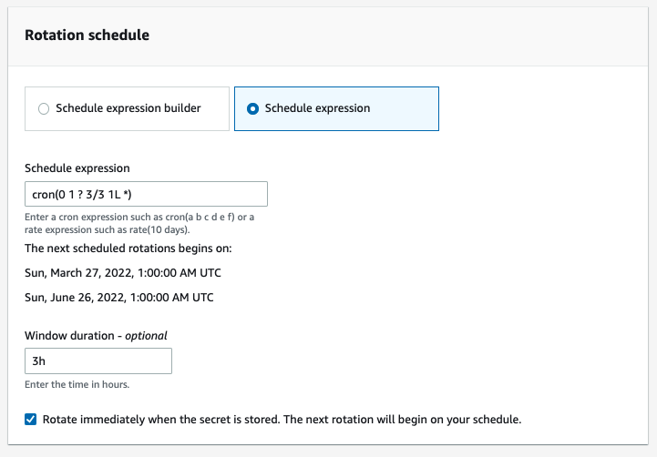 Figure 7: Enable automatic rotation using the schedule expression