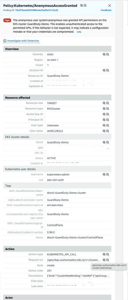 Figure 1: Example GuardDuty finding for Kubernetes anonymous access granted