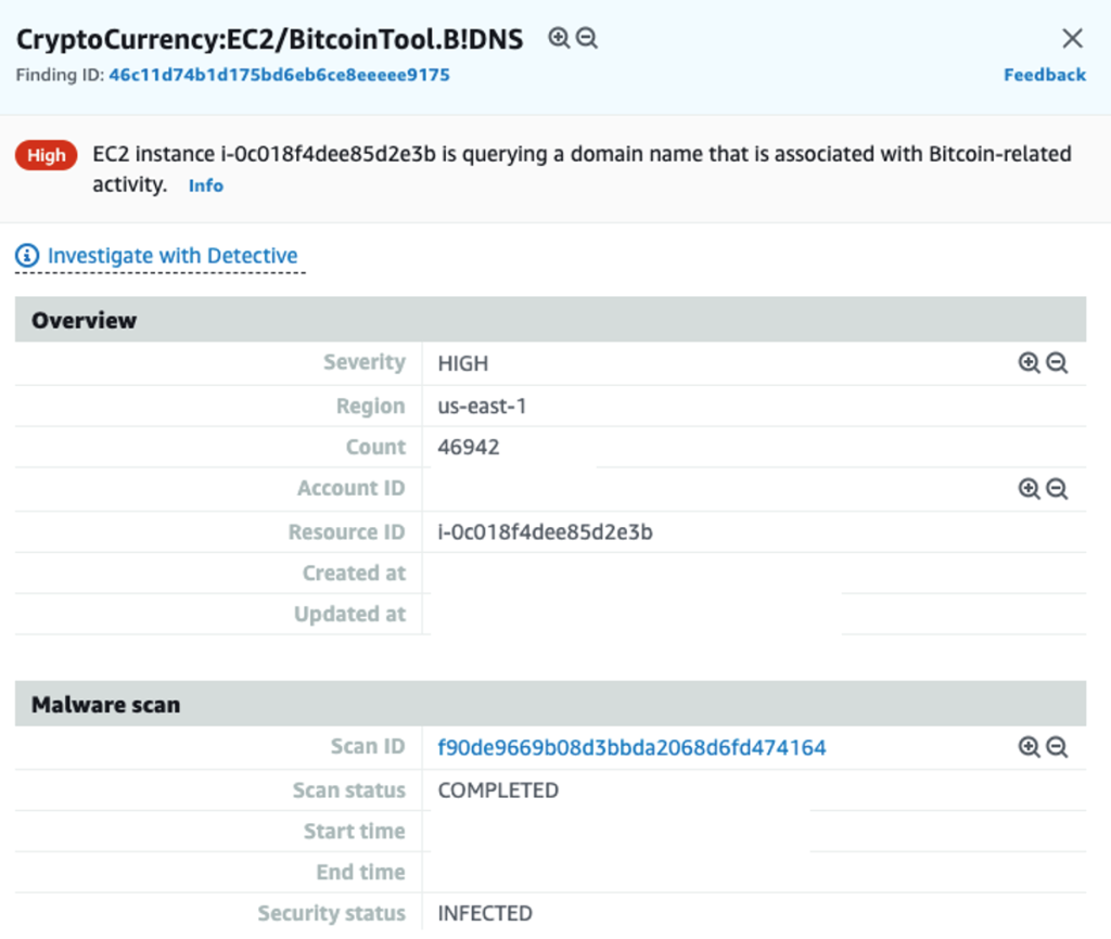 Figure 5: Example GuardDuty finding for EC2 instance querying bitcoin domain name