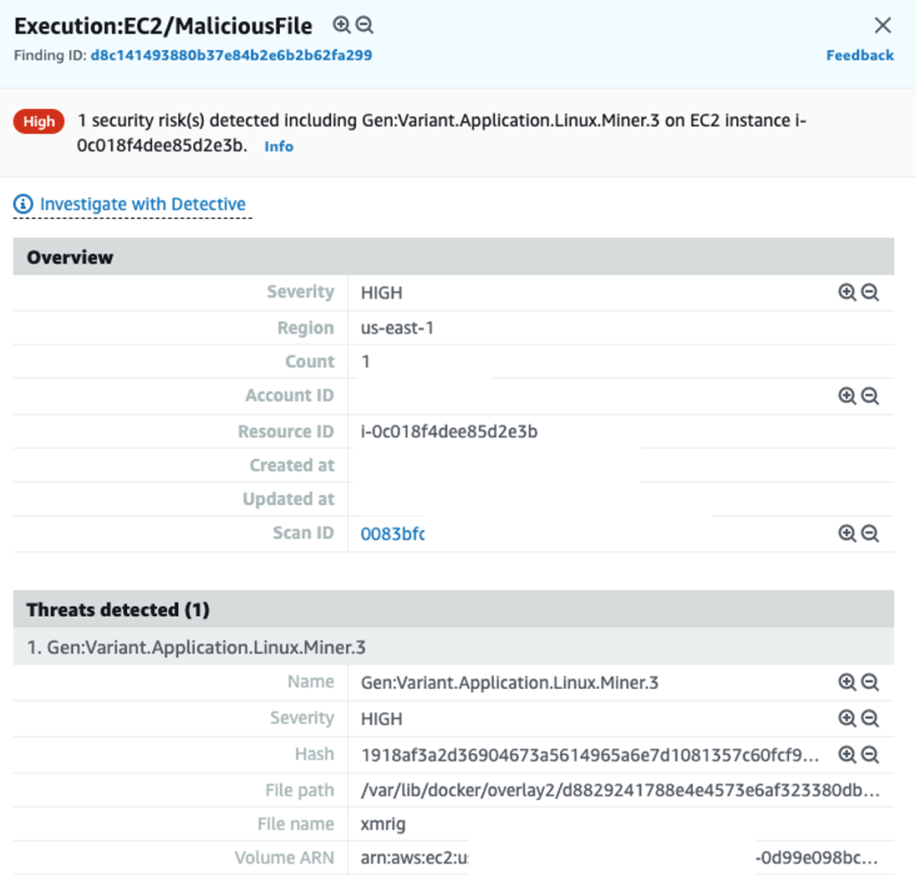 Figure 6: Example GuardDuty finding for detection of a malicious file on EC2