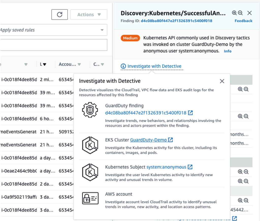 Figure 1: Example Detective popup from GuardDuty finding for EKS cluster