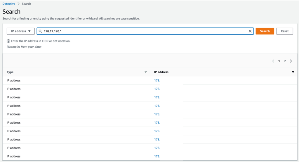 Figure 9: Example Detective results page from a query against IP addresses associated with the EKS cluster