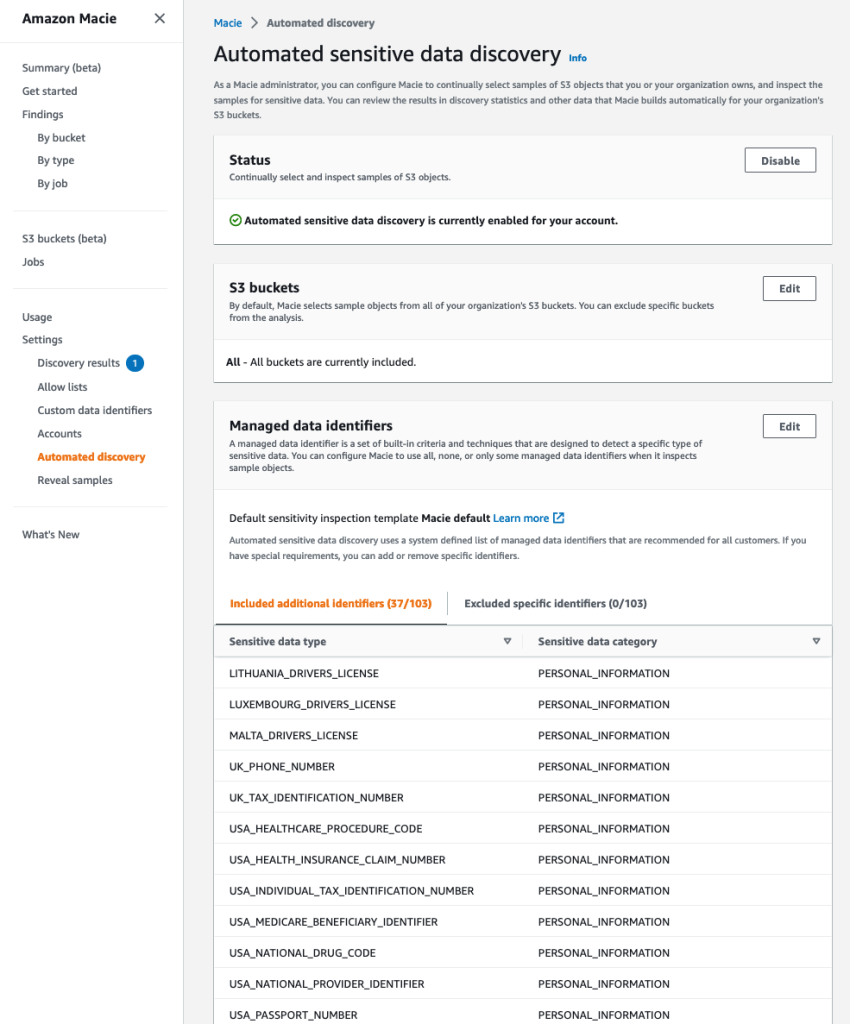 Figure 1: Settings page for Macie automated sensitive data discovery