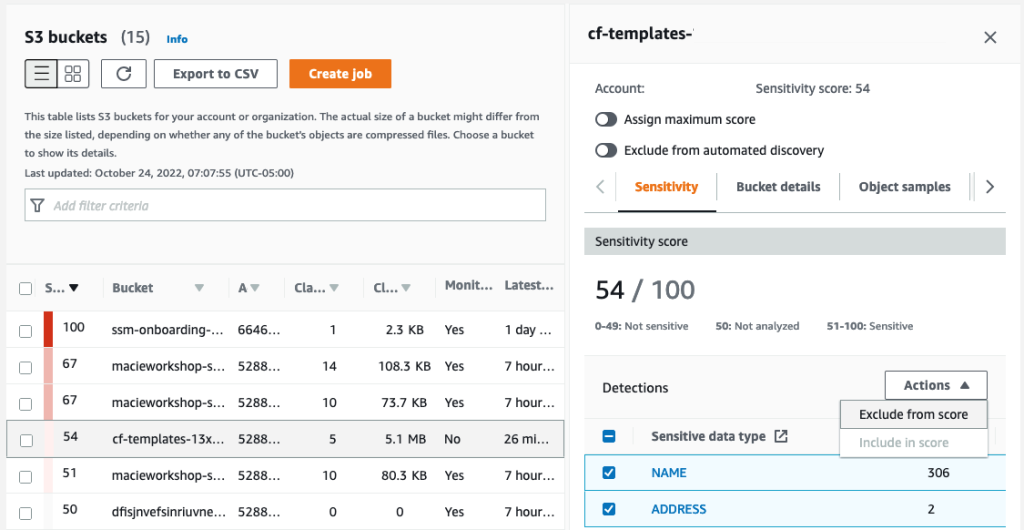 Figure 4: Macie S3 bucket list view with sensitivity scores and detections