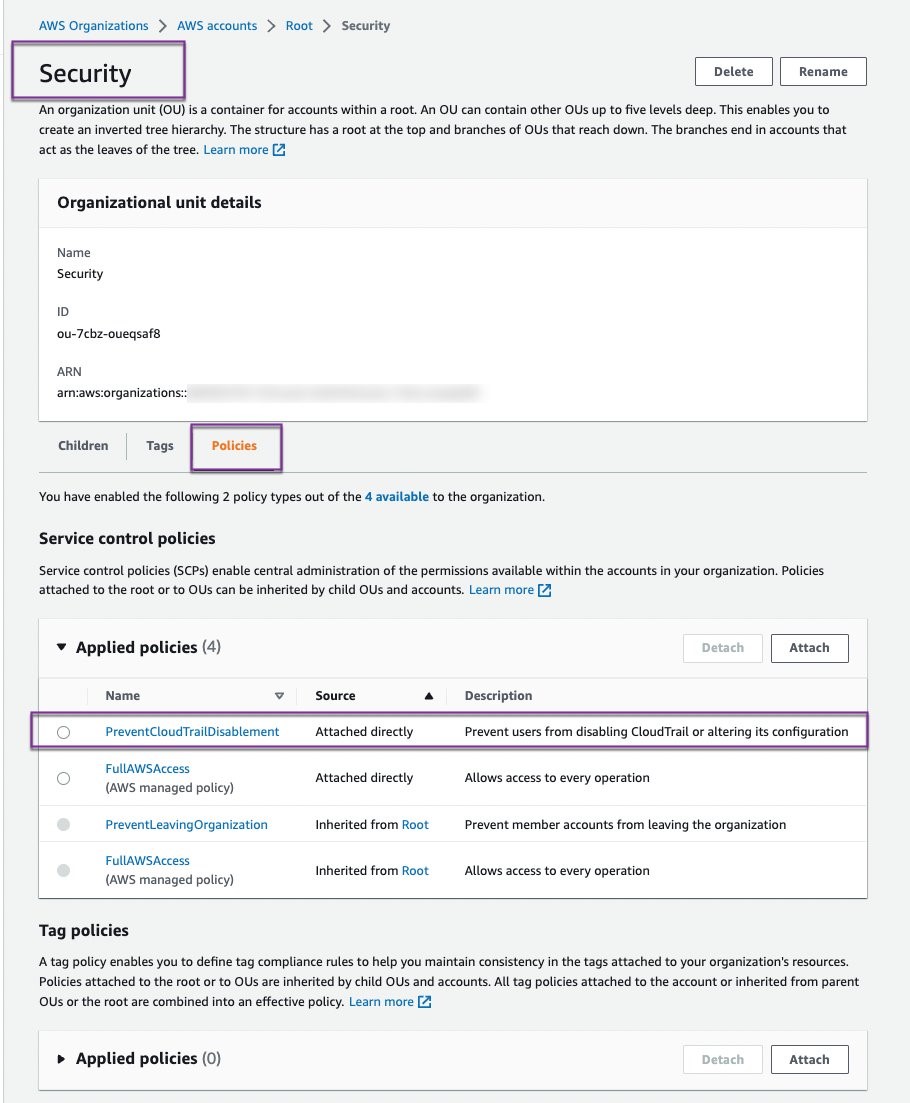 Figure 8: SCP attached to the Security OU in Organizations