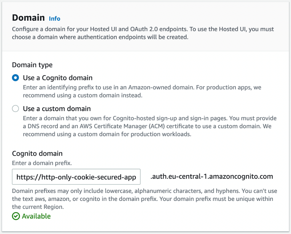 Figure 12: Configuring an Amazon Cognito domain