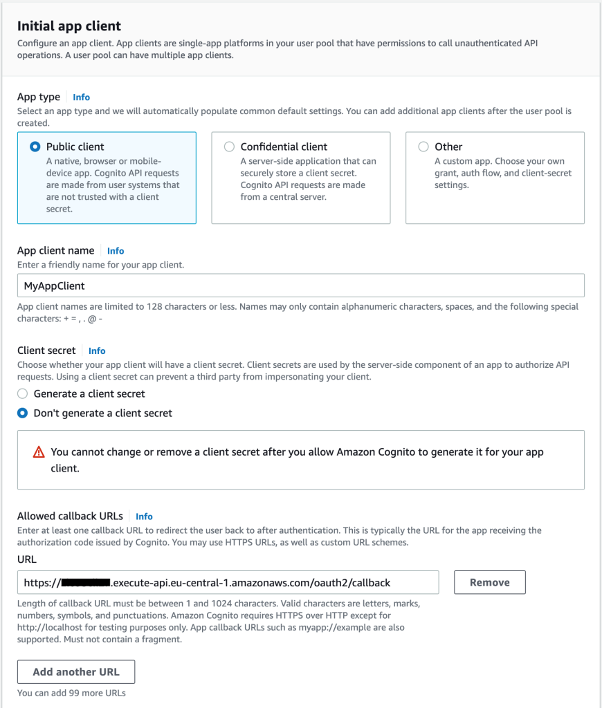 Figure 13: Configuring the initial app client