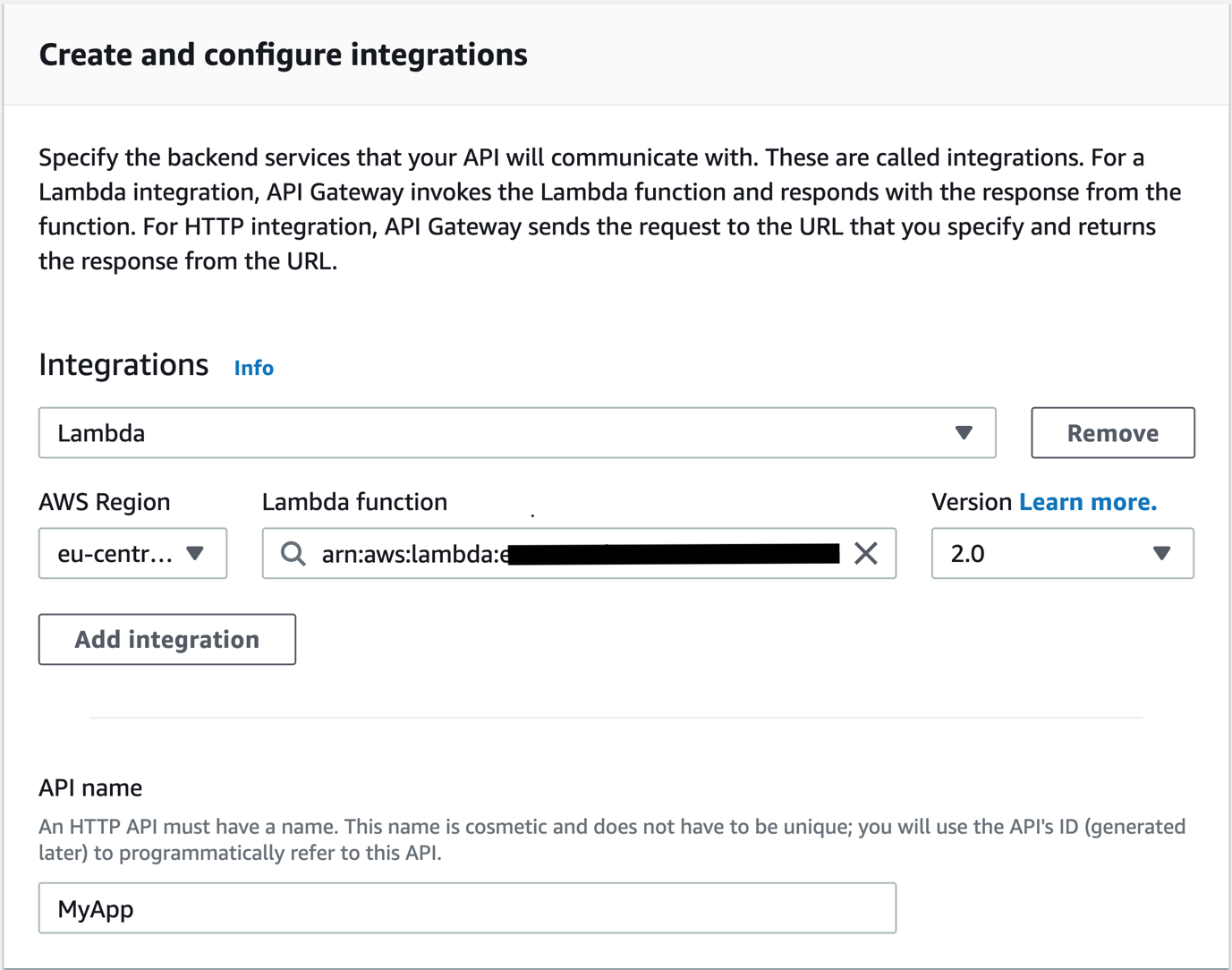 Figure 4: Configuring API Gateway integrations and API name