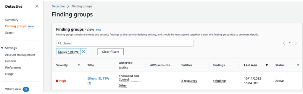 Figure 2: Detective console finding groups overview page