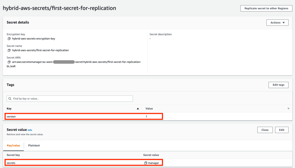 Figure 11: AWS Secrets Manager – New secret overview showing values and version number