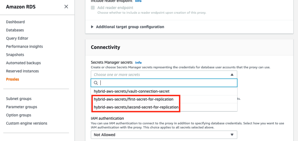 Figure 13: Amazon RDS Proxy - Example of using replicated AWS Secrets Manager secrets