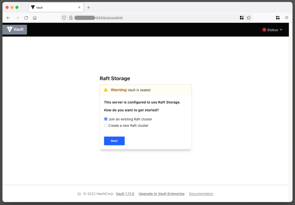 Figure 3: HashiCorp Vault Raft Storage initialize page