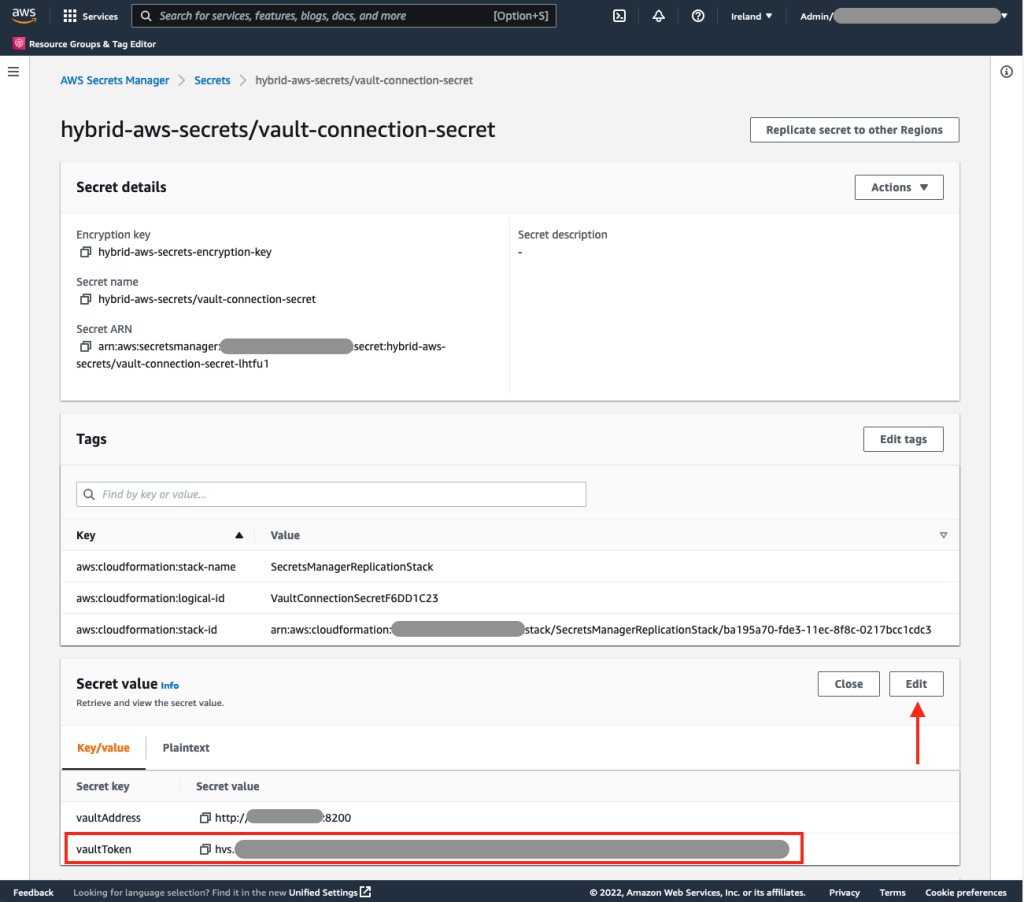 Figure 7: AWS Secrets Manager - Vault connection secret page