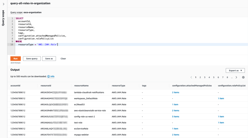 Figure 1: Run a query on IAM roles in AWS Config