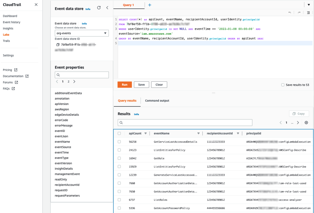 Figure 1: Example AWS CloudTrail Lake query