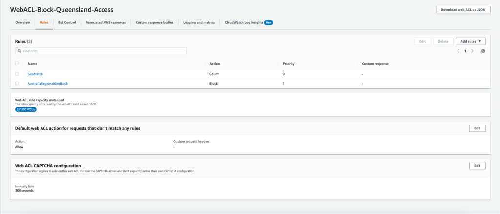 Figure 2: Queensland regional geo restriction - web ACL configuration<